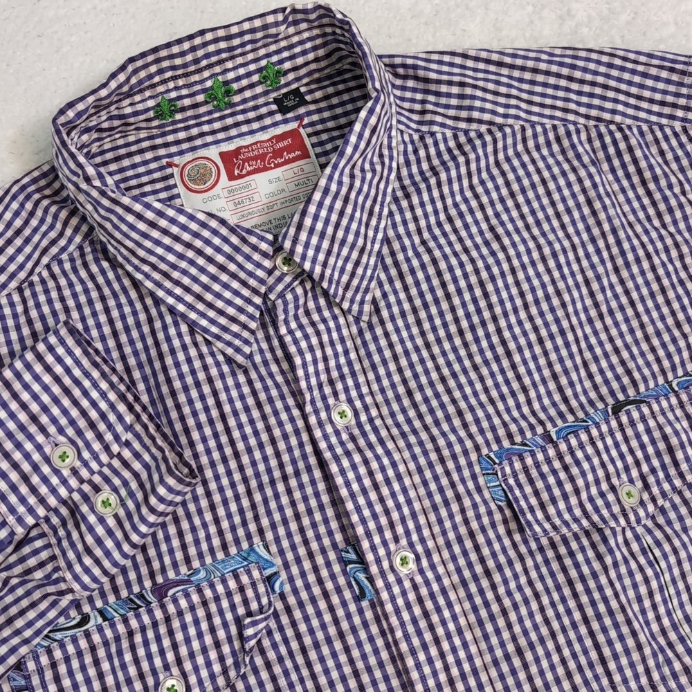 Robert Graham Mens L Freshly Laundered Shirt Purple Gingham‎ Check Long Sleeve